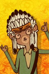 2:3 adventure_time anthro bear black_nose brown_hair caketpoksu cartoon_network clothing hair hat headgear headwear male mammal native_american party_bear party_pat pattern_background simple_background solo