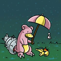 1:1 ambiguous_gender claws cyndaquil dot_eyes drawfag159381 duo fangs fire generation_1_pokemon generation_2_pokemon holding_object holding_umbrella nintendo outside pink_body pokemon pokemon_(species) raining shellder shellder_(slowbro) slowbro teeth umbrella