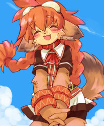 anthro biped blush bottomwear canid canine canis class_of_heroes closed_eyes clothed clothing cloud collar domestic_dog dwarf_(coh) fangs female hair long_hair mammal open_mouth orange_hair outside pasikon ribbons shorts skirt sky skyscape solo standing tail teeth