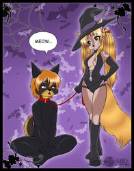 abluedeer anthro black_border border canid canine clothing collar costume digital_media_(artwork) domestic_cat duo felid feline felis female halloween holidays kingofkof leash magic_user male mammal maya_(skimike) miles_(kingofkof) tail witch