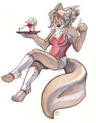 2011 4_toes anthro black_nose breasts cake cheesecake clothed clothing dessert feet female food footwear hindpaw legwear mammal mephitid mitti paws skunk socks solo stirrup_socks striped_skunk tail toeless_footwear toeless_socks toes