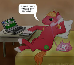 apple bed big_macintosh_(mlp) blonde_hair card card_game computer computer_mouse cord cutie_mark dialogue earth_pony electronics english_text equid equine feral food friendship_is_magic fruit furniture gaming green_eyes hair hasbro holding_object holding_phone hooves horse inside landline_phone laptop male mammal microsoft microsoft_solitaire my_little_pony on_bed orange_hair phone phone_sex pillow plant playing_card pony quadruped red_body rotary_phone ryedeer-photo solitaire solo table tail text wired_phone