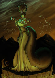 absurd_res big_breasts big_hair black_hair breasts bride_of_frankenstein bride_of_frankestein_(film) brown_body brown_fur brown_hair brown_theme claws clothed clothing cosplay curvy_figure dark dress electricity fangs female fluffy fluffy_tail freckles fur hair hi_res huge_breasts lightning looking_at_viewer mountain nails open_mouth outside penny_flynn skimpy sky solo standing tail teeth voluptuous wide_hips zaftigbunnypress