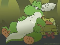 ambiguous_gender anthro banana belly dinosaur extinct feathers food fruit green_body green_yoshi male_(lore) mario_bros nintendo overweight overweight_ambiguous overweight_anthro paper_mario paper_mario_(2000) plant prehistoric_species reptile scalie shellyochunks solo tail village_leader_yoshi yoshi