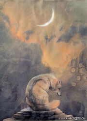 2009 ambiguous_gender black_nose canid canine canis cloud feral full-length_portrait khaosdog mammal moon portrait quadruped rock sitting solo tail traditional_media_(artwork) wolf