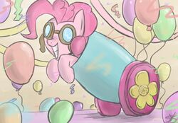 :d balloon cannon confetti confetti_streamer cutie_mark earth_pony equid equine eyewear female feral friendship_is_magic goggles hasbro horse inflatable mammal my_little_pony party party_cannon pinkie_pie_(mlp) pony ranged_weapon smile solo speccysy weapon