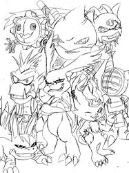 &gt;:3 &gt;:p aceofabra ambiguous_gender anthro armor bandai_namco black_and_white canid canine claws coronamon crossed_arms demidevimon digimon digimon_(species) elecmon fangs fire flaming_tail gazimon gear gizamon goblimon group hagurumon happy headgear helmet kotemon looking_at_viewer machine mammal mask monochrome ninjamon one_eye_closed simple_background sketch tail teeth tongue tongue_out white_background wink