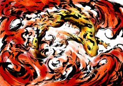 abstract_background ambiguous_gender amphibian black_eyes feral fire fire_salamander humor mythological_creature mythological_salamander mythological_scalie mythology nojo nude pun restricted_palette salamander scalie simple_background solo visual_pun