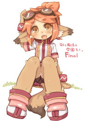 7010 anthro biped blush bottomwear canid canine class_of_heroes clothing dwarf_(coh) eyewear female footwear fox goggles hair japanese_text looking_at_viewer mammal orange_hair shoes short_hair shorts sitting solo tail text