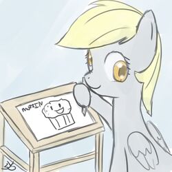 1:1 blonde_hair daww derp_eyes derpy_hooves drawing english_text equid equine feathered_wings feathers female feral food friendship_is_magic grey_body grey_feathers hair hasbro heart_symbol looking_at_viewer mammal muffin my_little_pony mythological_creature mythological_equine mythology paper pegasus pen solo speccysy text toony wings yellow_eyes