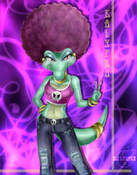 accessory afro anthro belt bone bottomwear bracelet breasts cjl1217 clothing crocodilian denim denim_bottomwear denim_clothing donkey_kong_(series) fangs female furgonomics gesture green_body hand_gesture jeans jewelry kalypso kremling midriff navel nintendo non-mammal_breasts orange_eyes pants reptile ring scalie skull solo tail tail_accessory tail_jewelry tail_ring teeth v_sign