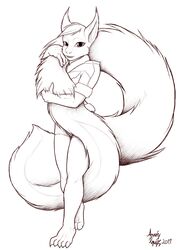 2011 anthro arche_kruz big_tail bottomwear clothed clothing digital_drawing_(artwork) digital_media_(artwork) female fluffy full-length_portrait fully_clothed fur hair holding_tail hug huge_tail humanoid_hands hyper hyper_tail inks long_tail looking_at_viewer mammal monochrome nadia plantigrade portrait rodent sciurid shaded shorts signature simple_background solo tail tail_hug tree_squirrel white_background