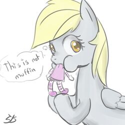 1:1 blonde_hair cheek_bulge derp_eyes derpy_hooves digital_media_(artwork) doll english_text equid equine feathered_wings feathers female feral friendship_is_magic grey_body grey_feathers hair hasbro head_in_mouth heart_symbol looking_at_viewer mammal my_little_pony mythological_creature mythological_equine mythology pegasus simple_background solo speccysy text white_background wings yellow_eyes