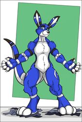 after_transformation anthro avalon avalon_(blueavian) avalondragon avalonjay black-rat blue_body blue_eyes blue_fur claws fur hi_res hindpaw kangaroo macropod male mammal marsupial nude pawpads paws solo tail transformation