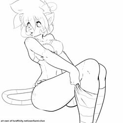 1:1 anthro biped blush bra breasts clothing dress dressing embarrassed felid female footwear freckles frilly hi_res kami-chan legwear line_art lintu_(character) looking_at_viewer mammal monochrome open_mouth pattern_clothing pattern_legwear pinup pose ribbons rodent simple_background sitting socks solo stockings striped_clothing striped_legwear stripes surprise tail text underwear url