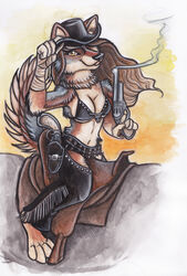 anthro brown_hair canid canine canis clothed clothing cowboy_hat coyote female gun hair hat headgear headwear looking_at_viewer mammal piercing ranged_weapon shiverz skimpy solo tail weapon western