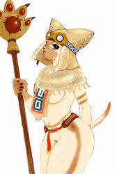 anthro belt big_breasts biped blue_eyes bottomless breasts capcom clothed clothing eyewear felid felyne female goggles hat headgear headwear looking_at_viewer lynian mammal melee_weapon monster_hunter partially_clothed pinup polearm pose rann simple_background skimpy solo standing tail weapon white_background