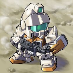  assault_visor chibi clenched_hand commentary_request earth_federation earth_federation_space_forces from_above green_visor ground_gm gun gundam gundam_08th_ms_team highres holding holding_gun holding_weapon mecha mobile_suit moukin_punch no_humans robot science_fiction shadow shield solo standing weapon 