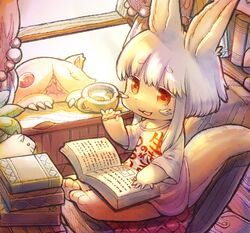  2others :3 alternate_costume animal_ears book book_on_lap bookshelf brown_fur chair clothes_writing commentary_request commission creature cup curtains english_commentary furry grey_hair highres holding holding_paintbrush made_in_abyss mitty_(made_in_abyss) mixed-language_commentary mug multiple_others naked_shirt nanachi_(made_in_abyss) neritantan on_chair one-eyed open_book open_mouth open_window other_focus oversized_clothes oversized_shirt paintbrush pixiv_commission plant potted_plant shirt short_hair_with_long_locks short_sleeves sidelocks single_bare_shoulder sitting smile t-shirt tail thick_eyebrows toro_astro translation_request whiskers window windowsill 