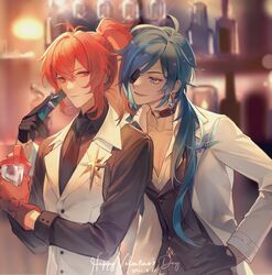  2boys alternate_costume black_choker black_gloves black_shirt blue_eyes blue_hair blurry blurry_background bottle box choker closed_mouth cup dark-skinned_male dark_skin dated diluc_(genshin_impact) earrings eyepatch genshin_impact gift gift_box gloves hair_between_eyes hand_on_own_hip happy_valentine highres holding holding_cup holding_gift indoors jacket jewelry kaeya_(genshin_impact) long_hair long_sleeves male_focus multicolored_hair multiple_boys open_mouth ponytail red_eyes red_gloves red_hair rokuon shirt sidelocks single_earring streaked_hair upper_body valentine vest white_jacket white_vest 