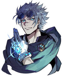  1boy azaya_(kuroi_azaya) blue_eyes duel_monster eyewear_on_head gears gloves glowing grey_hair hand_up male_focus scar scar_on_face scar_on_nose scarf short_hair simple_background smirk solo sunglasses time_thief_winder upper_body white_background yu-gi-oh! 