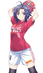  antenna_hair arms_up ball black_hair blush commentary_request female highres idolmaster idolmaster_(classic) inoue_sora j._league kikuchi_makoto looking_at_viewer nike_(company) purple_eyes revision short_hair shorts signature simple_background smile soccer soccer_ball soccer_uniform solo sportswear thighhighs urawa_red_diamonds white_background white_shorts 