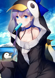  animal_hood bangs banned_artist bare_shoulders bird black_jacket blue_bow blue_choker blue_sky blush bow breasts choker closed_mouth collarbone eating fate/grand_order fate_(series) female food hair_between_eyes hood hood_up jacket kyoeiki long_hair long_sleeves looking_at_viewer meltryllis meltryllis_(swimsuit_lancer)_(fate) mouth_hold penguin penguin_hood popsicle purple_hair sitting sky small_breasts solo very_long_hair 