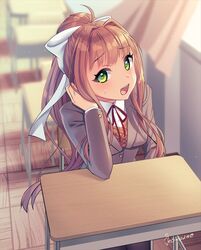  artist_name black_pantyhose blush breasts brown_hair brown_jacket chair classroom commentary_request curtains desk doki_doki_literature_club female green_eyes hair_ribbon hand_up have_to_pee indoors jacket kakuume legs_together long_hair long_sleeves monika_(doki_doki_literature_club) neck_ribbon open_mouth pantyhose ponytail red_ribbon ribbon school_desk school_uniform shirt signature sitting small_breasts smile solo sweat teeth white_ribbon white_shirt 