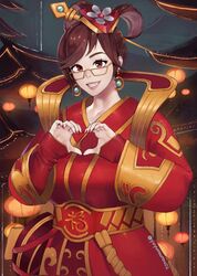  bad_id bad_twitter_id bag breasts brown_eyes brown_hair chinese_clothes chinese_zodiac dizim earrings female glasses grin hair_ornament hair_rings heart heart_hands highres jewelry lantern large_breasts luna_mei mei_(overwatch) overwatch overwatch_1 paper_lantern red_nails smile solo twitter_username upper_body 