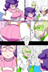  2boys beard big_hair blonde_hair breasts coat dress faba_(pokemon) facial_hair female glasses green-framed_eyewear green_eyes green_sweater large_breasts multiple_boys pink-framed_eyewear pink_sweater pokemon pokemon_(game) pokemon_sm purple_eyes ribbed_sweater short_dress speech_bubble sweater turtleneck turtleneck_sweater white_coat white_dress wicke_(pokemon) yurei-tekina_nanika 