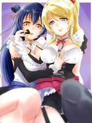  2girls apron ayase_eli blonde_hair blue_eyes blue_hair box candy chocolate commentary_request detached_sleeves earrings food gift gift_box hair_ribbon heart heart-shaped_chocolate highres holding holding_box holding_gift jewelry long_hair looking_at_viewer love_live! love_live!_school_idol_project maid maid_apron maid_headdress mogyutto_&quot;love&quot;_de_sekkin_chuu! multiple_girls ponytail ribbon smile sonoda_umi swept_bangs urutsu_sahari valentine yellow_eyes yuri 