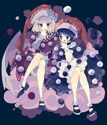  2girls bird_wings black_dress black_footwear blue_eyes blue_hair commentary cosplay crossed_legs doremy_sweet doremy_sweet_(cosplay) dress full_body grey_dress grey_hair hand_on_own_chin hat highres kishin_sagume long_sleeves looking_at_another looking_at_viewer matching_outfits multicolored_clothes multicolored_dress multiple_girls nightcap nikorashi-ka pom_pom_(clothes) purple_eyes red_dress red_headwear shoes short_hair single_wing sitting tail thinking touhou white_dress white_wings wings 