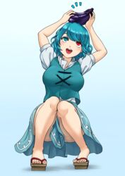  blue_eyes blue_hair blue_skirt blue_vest blush breasts commentary_request eggplant female food food_on_head full_body geta heterochromia highres large_breasts notice_lines object_on_head open_mouth panties parasite_oyatsu red_eyes shirt short_hair short_sleeves skirt smile solo squatting tatara_kogasa touhou underwear vest white_panties white_shirt 