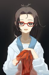  blood blood_on_hands brown_eyes brown_hair casterluex character_request coat female glasses hand_on_hand highres lab_coat long_hair long_sleeves open_mouth red-framed_eyewear shokei_shoujo_no_virgin_road solo star-shaped_pupils star_(symbol) symbol-shaped_pupils upper_body white_coat 