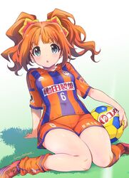  :o albirex_niigata ball blue_eyes cleats female grass highres holding holding_ball idolmaster idolmaster_(classic) inoue_sora j._league jersey open_mouth orange_footwear orange_hair orange_shorts revision shadow shorts signature sitting soccer_ball soccer_uniform solo sportswear striped takatsuki_yayoi twintails 