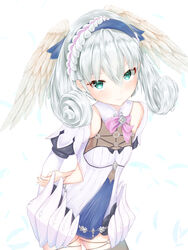  braid breasts commentary_request cowboy_shot crown_braid female green_eyes head_wings highres juliet_sleeves konowa_(pixiv30906526) long_sleeves melia_antiqua o-ring o-ring_top puffy_sleeves small_breasts solo thighhighs white_hair wings xenoblade_chronicles:_future_connected xenoblade_chronicles_(series) xenoblade_chronicles_1 