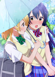  2girls absurdres arm_around_shoulder ayase_eli blonde_hair blue_eyes blue_hair blush bow bowtie commentary_request flower green_bow green_bowtie hair_between_eyes hand_on_another&#039;s_shoulder highres holding holding_umbrella hydrangea long_hair looking_at_another love_live! love_live!_school_idol_project multiple_girls nanatsu_no_umi open_mouth otonokizaka_school_uniform outdoors plaid plaid_skirt pleated_skirt ponytail rain red_bow red_bowtie school_uniform shared_umbrella shirt short_sleeves skirt smile sonoda_umi striped_bow striped_bowtie striped_clothes summer_uniform sweater_vest swept_bangs umbrella white_shirt yellow_eyes yuri 