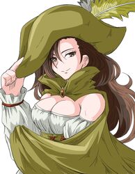  4ma4ma2ma aira_(dq7) bad_id bad_twitter_id black_hair breasts brown_eyes cape cleavage closed_mouth dragon_quest dragon_quest_vii dress female hat long_hair looking_at_viewer simple_background smile solo white_background 