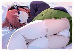  asou_(asabu202) ass bed black_ribbon blue_eyes blunt_bangs blush border butterfly_hair_ornament commentary eyebrows female go-toubun_no_hanayome green_skirt hair_ornament hair_ribbon highres looking_at_viewer lying nakano_nino on_bed on_side panties plaid plaid_skirt red_hair ribbon short_hair skirt solo sweater thighhighs underwear upskirt white_border white_panties white_thighhighs 