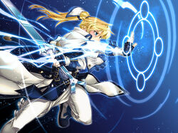  1boy arm_up belt black_background black_gloves blue_eyes commentary_request electricity english_text fighting_stance fingerless_gloves gameplay_mechanics gloves guilty_gear guilty_gear_xrd hair_between_eyes highres huge_weapon ky_kiske lightning long_hair magic magic_circle magnolia_eclair_ii male_focus multiple_belts orippa ponytail serious solo sword weapon wind 