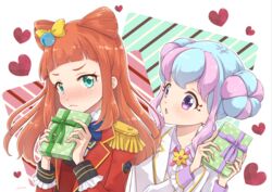  2girls :o aikatsu!_(series) aikatsu_stars! bell blazer blue_bow blue_hair blue_ribbon blunt_bangs blush bow bowtie box chisaca closed_mouth collared_shirt commentary_request cone_hair_bun crown_(symbol) doughnut_hair_bun embarrassed epaulettes eyelashes gift gift_box gold_trim hair_bell hair_bun hair_ornament hairbow hanazono_kirara heart heart_background highres holding holding_gift jacket jingle_bell long_hair long_sleeves looking_at_viewer multicolored_hair multiple_girls neck_ribbon nose_blush open_mouth orange_hair pink_hair pink_ribbon purple_shirt red_jacket ribbon s4_uniform saotome_ako school_uniform shirt sidelocks sideways_glance star_(symbol) streaked_hair striped striped_background upper_body valentine venus_ark_uniform wavy_mouth white_jacket yellow_bow 