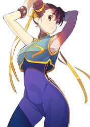  absurdres armpits bare_shoulders blue_unitard bow bracelet breasts brown_eyes brown_hair chun-li commentary_request crop_top double_bun female gold_trim hair_bun hair_ornament hairbow highres jewelry large_breasts looking_at_viewer parted_lips sleeveless solo standing street_fighter street_fighter_zero_(series) tanakalma unitard 