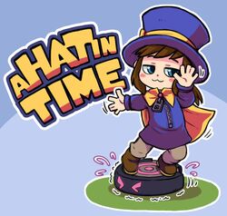  &gt;_&lt; :3 a_hat_in_time blue_background blue_eyes blush_stickers boots brown_footwear brown_hair brown_pants cape commentary copyright_name dancing female full_body hat hat_kid highres ikaheigen jacket long_hair meme no_one&#039;s_around_to_help_(meme) pants purple_hat purple_jacket robot robotic_vacuum_cleaner solo standing top_hat yellow_cape zipper 