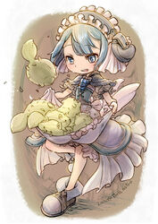  1boy apron apron_basket apron_hold back_bow bloomers blue_bow blue_bowtie blue_capelet blue_corset blue_eyes blue_hair blue_hairband border bow bowtie brown_background brown_footwear capelet commentary_request corset creature dress frilled_apron frilled_dress frilled_hairband frills full_body hairband lolicon made_in_abyss male_focus maruruk neritantan open_mouth otoko_no_ko pouch puffy_short_sleeves puffy_sleeves shoes short_hair short_sleeves smile solo standing standing_on_one_leg teeth toro_astro twitter_username underwear upper_teeth_only whistle whistle_around_neck white_border 