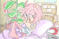  3:2 amy_rose anthro bed bodily_fluids breasts clock clothing eulipotyphlan featureless_feet feet female fur furniture green_eyes hedgehog inside mammal morning nashi_(intothe_bluesky) nightgown on_bed open_mouth pink_body pink_fur plant plant_pot potted_plant sega solo sonic_the_hedgehog_(series) tears waking_up yawn 