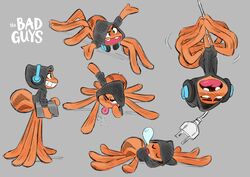  10_limbs 8_legs absurd_res anthro arachnid arthropod arthropod_abdomen chibetto closed_eyes clothing dreamworks electronics headphones hi_res hoodie ms._tarantula_(the_bad_guys) multiple_poses mygalomorph official_art one_eye_closed orange_body pose semi-anthro simple_background sleeping spider tarantula the_bad_guys tongue tongue_out topwear 