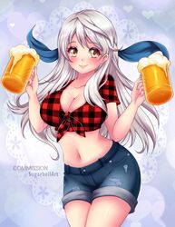  alcohol alternate_costume artist_name beer beer_mug blush breasts checkered_clothes checkered_shirt cleavage commission cowboy_shot crop_top cropped_shirt cup denim denim_shorts english_commentary female fire_emblem fire_emblem:_radiant_dawn grey_hair half_updo holding holding_cup large_breasts long_hair looking_at_viewer micaiah_(fire_emblem) midriff mug navel shirt shorts smile solo sugarbell tied_shirt twin_peaks_(restaurant) yellow_eyes 