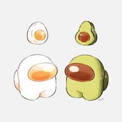  among_us avocado commentary crewmate_(among_us) egg_(food) food full_body grey_background hardboiled_egg helmet highres lime_(among_us) no_humans shiny signature simple_background space_helmet spacesuit standing symbol-only_commentary tenmiyakiyo white_(among_us) 