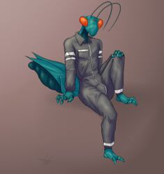  2_toes 5_eyes abstract_background absurd_res antennae_(anatomy) anthro artdemonslair arthropod arthropod_abdomen barefoot bedroom_eyes bulge clothed clothing exoskeleton feet fully_clothed grey_clothing hand_on_knee hand_on_leg hi_res insects invisible_chair invisible_geometry jumpsuit looking_at_viewer male mandibles mantis multi_eye multi_limb multicolored_body narrowed_eyes orange_eyes orange_pupils orange_sclera plantigrade pseudo_pupils pupils raised_leg seductive segmented_body signature sitting solo teal_body toes two_tone_body unusual_pupils zipper 