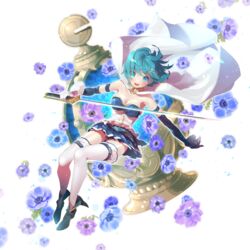  :d anemone_(flower) ankle_boots armpits arms_at_sides bare_shoulders belt blue_eyes blue_flower blue_footwear blue_hair blue_skirt blue_theme blurry blurry_background bokeh boots breasts cape cleavage commentary_request depth_of_field detached_sleeves ena1215 female floating floating_hair flower fortissimo frills full_body gloves hair_ornament hairclip highres holding holding_sword holding_weapon leaf legs_together light_particles looking_at_viewer magical_girl mahou_shoujo_madoka_magica mahou_shoujo_madoka_magica_(anime) medium_breasts miki_sayaka miki_sayaka_(magical_girl) musical_note musical_note_hair_ornament no_nose open_mouth outline pleated_skirt purple_flower revision shaded_face short_hair simple_background skirt smile solo soul_gem strapless sword tareme thighhighs thighs too_many too_many_flowers v-shaped_eyebrows very_short_hair weapon white_background white_cape white_gloves white_outline white_thighhighs zettai_ryouiki 